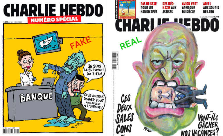 Фейк: Нова обкладинка Charlie Hebdo присвячена спробам Зеленського залучити кошти загиблих з «Титана»