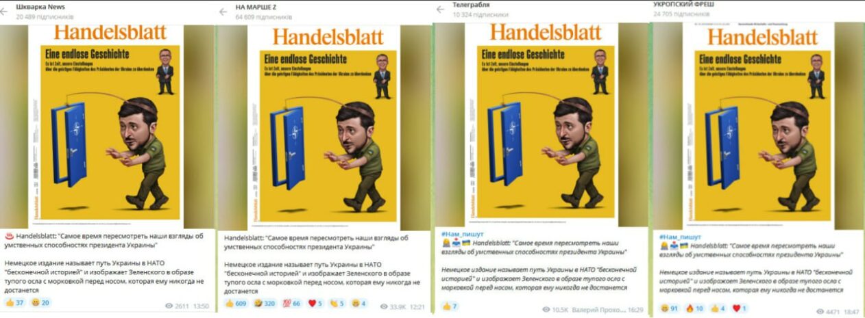 Обкладинка Handelsblatt, в якій висміюють прагнення Зеленського набути членства в НАТО