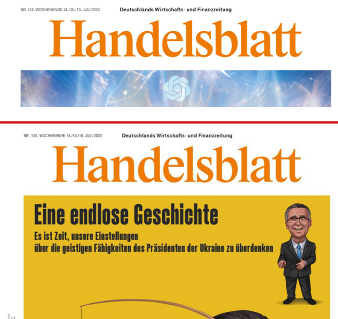 Обкладинка Handelsblatt, в якій висміюють прагнення Зеленського набути членства в НАТО