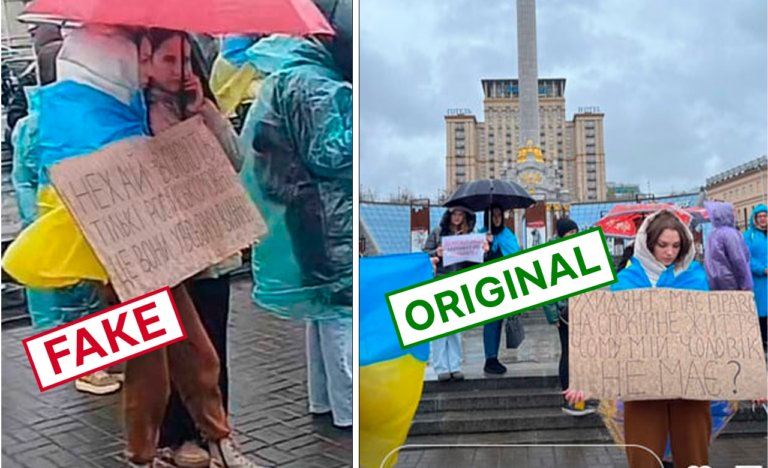 Маніпуляція. У Києві на акцію протесту вийшла жінка з плакатом: «Нехай воюють лише російськомовні»