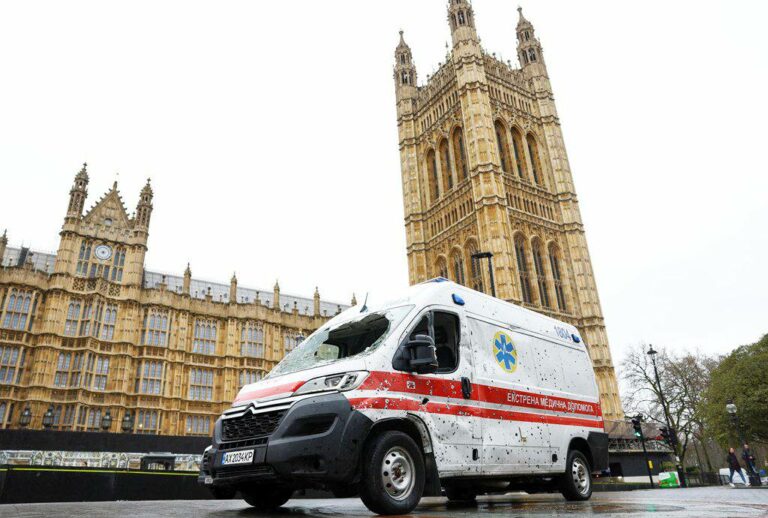 Kharkiv Ambulance Shelled by Russians Exhibited in Downtown London