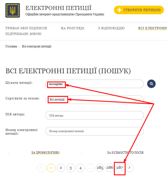 Скриншот із сайту Президента України щодо кількості петицій в за пошуковим словом "посмертно"