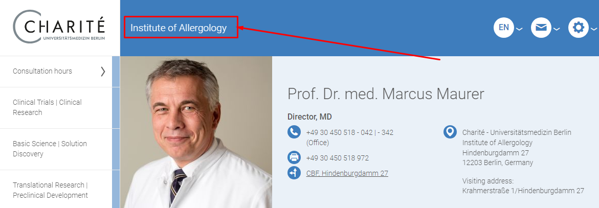 Профіль Маркуса Маурера на сайті клініки Шаріте. 