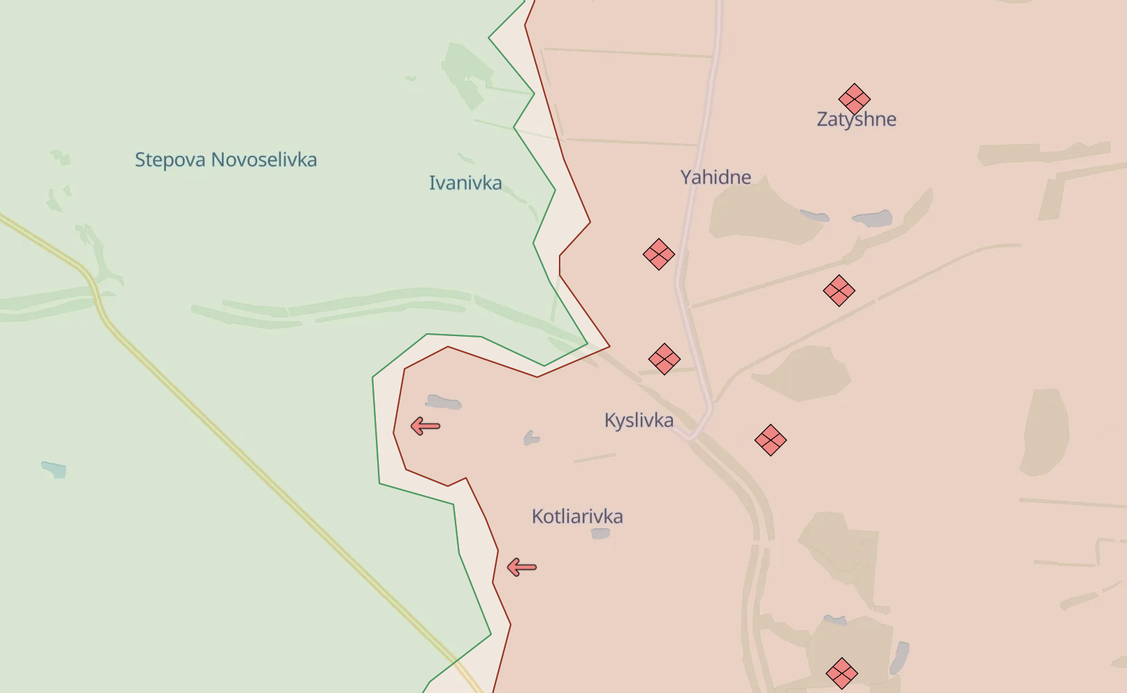DeepStateMap's map of the frontline area, where Kotliarivka and Kyslivka are marked as Russian-occupied villages / Source: DeepState UA 