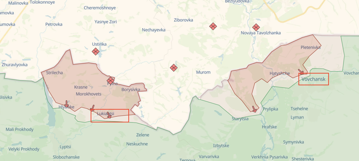 Live map of Russian-Ukrainian war, Kharkiv direction, from 4:10 a.m. on May 15 / Source: deepstatemap.live