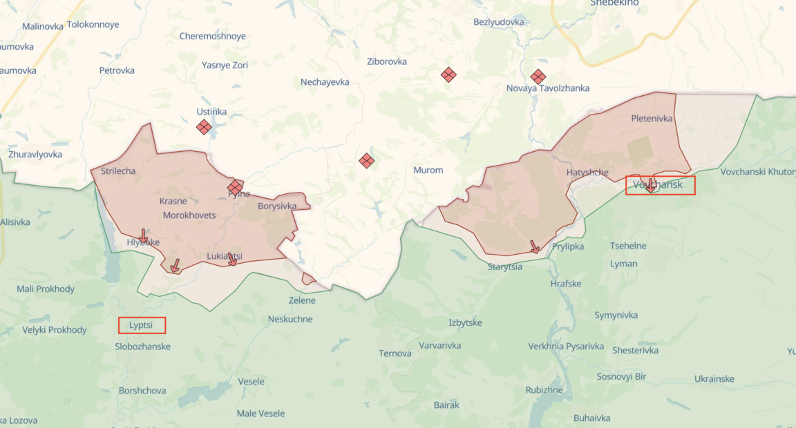 Russia's 2024 Kharkiv offensive moved in two vectors towards Lyptsi and Vovchansk. This is the state of the frontline from June 11, 11:03 p.m. / Source: DeepStateMap.live