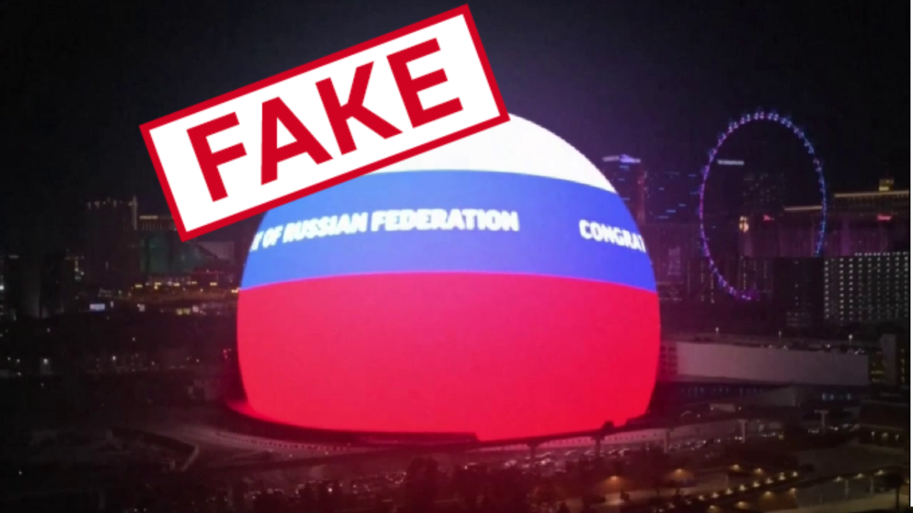 Кадр із відео про зображення російського прапора на MSG Sphere опублікованого у Телеграм-каналах «Выпускайте Кракена!», «Шкварка News», «V🇷🇺Рука Кремля🇷🇺Z».