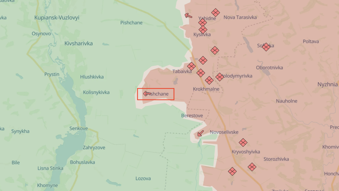 Russian assault near occupied Pishchane on Kupiansk axis. August 15 / Source: DeepStateMap 