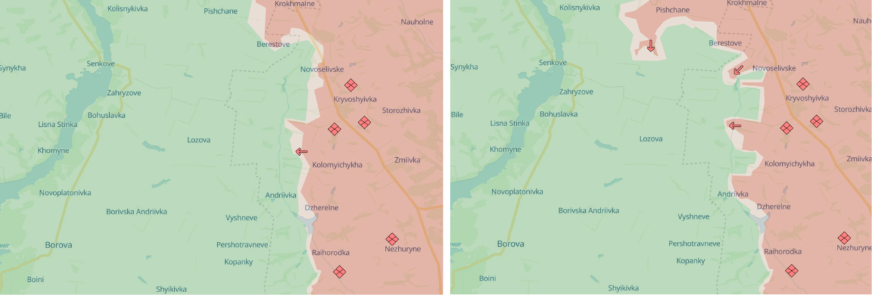 Battlefield around Pischane on Kupiansk axis on (left) July 1, 2024, and (right) September 4, 2024 / Source: DeepState Map