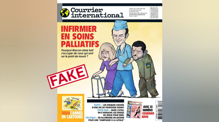 Debunking Russian fakes. No, Courrier International’s cover didn’t have caricature of Macron caring for Zelenskyy in hospice