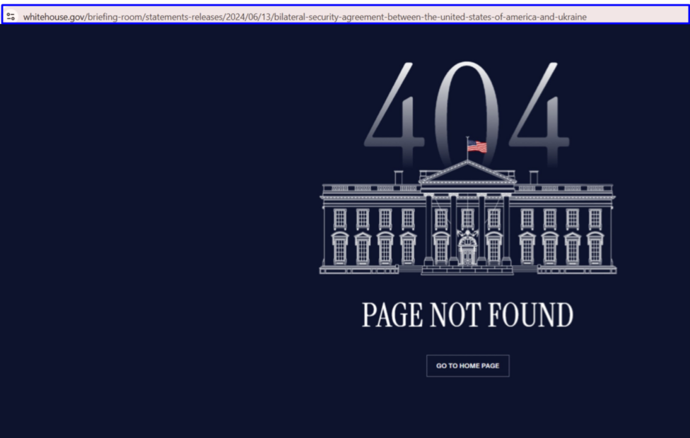 зображення до посту: Маніпуляція. З сайту Білого дому видалили 10-річний договір безпеки між Україною та США