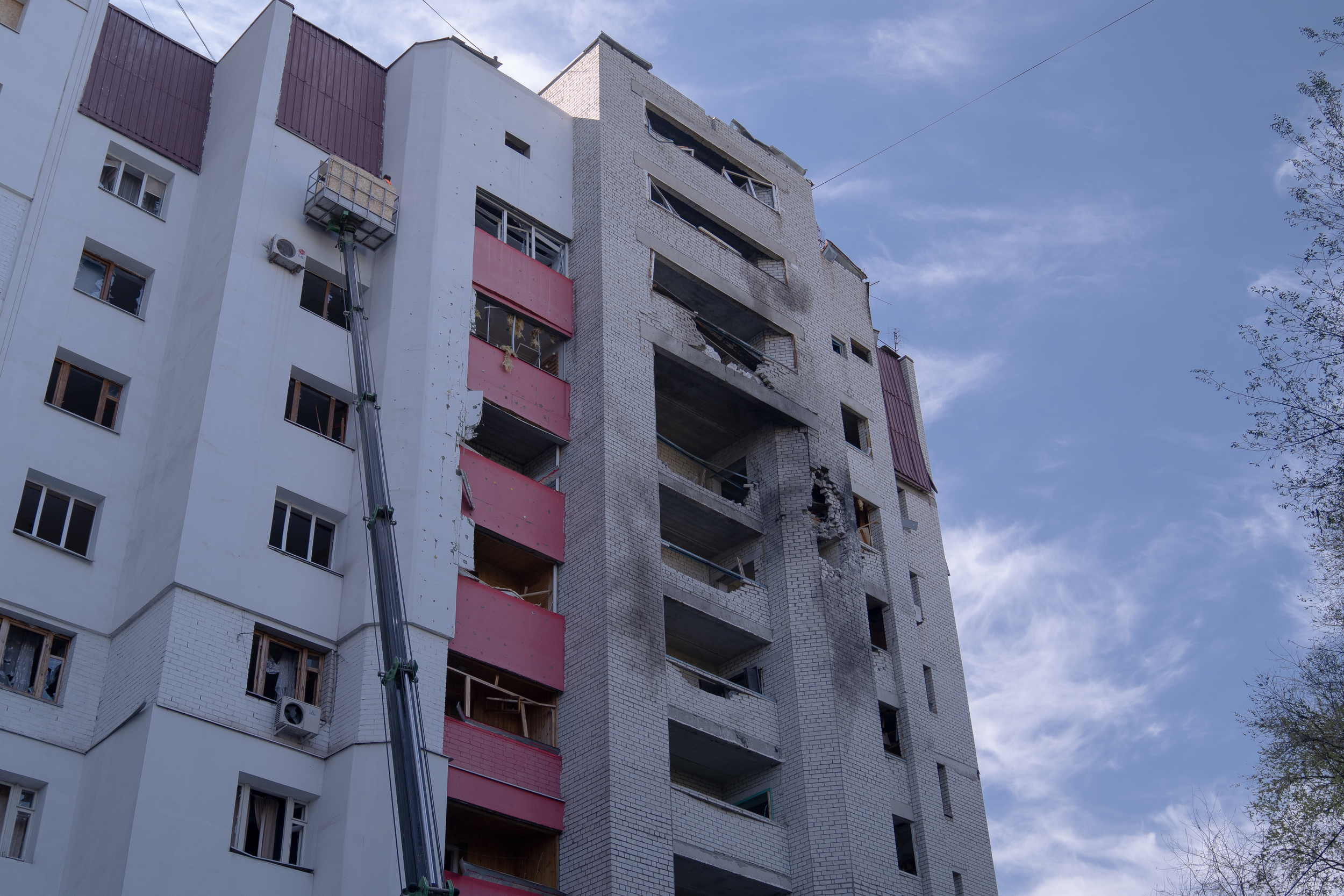 Damaged apartment building in Slobidskyi district after Russian attack on April 30