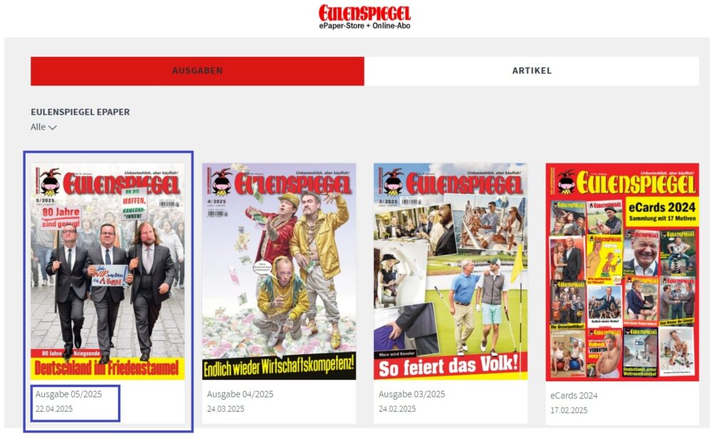 Скриншот сторінки сайту Eulenspiegel з примірниками журналу