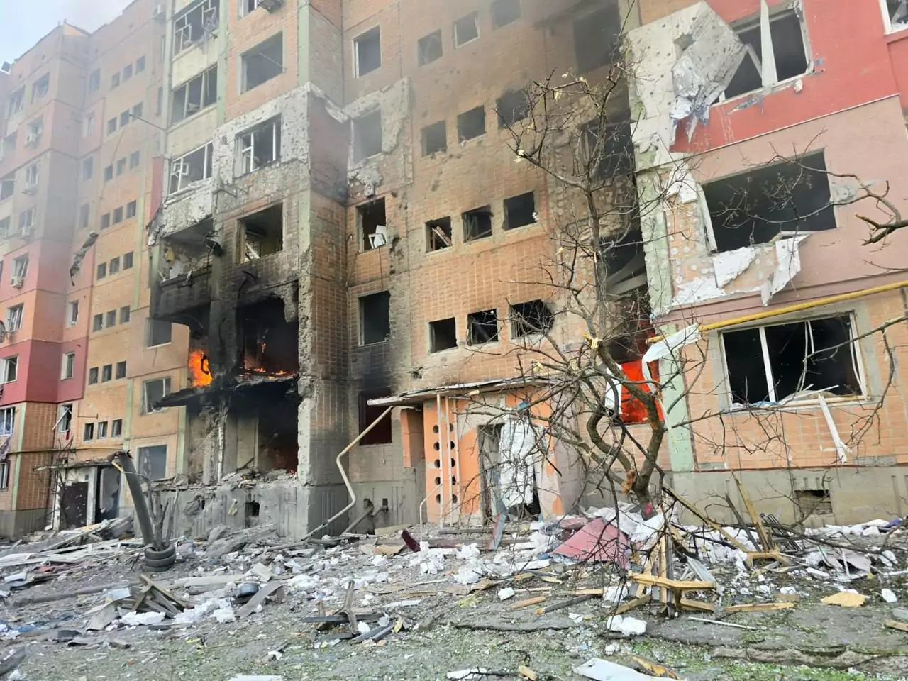 A residential apartment building destroyed by a Russian attack on Kupiansk in June 2025