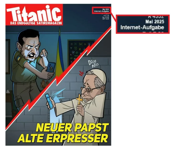 зображення до посту: Debunking Russian fakes. No, Zelenskyy “pressuring” new Pope wasn’t on Titanic’s cover