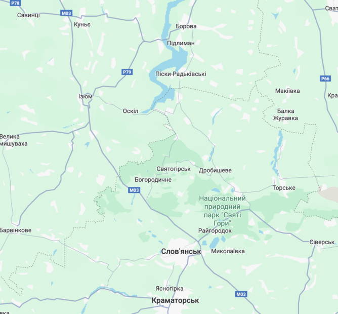 Ізюм ключовий логістичний центр, що зʼєднує Донецьку та Харківські області / джерело: Google Maps