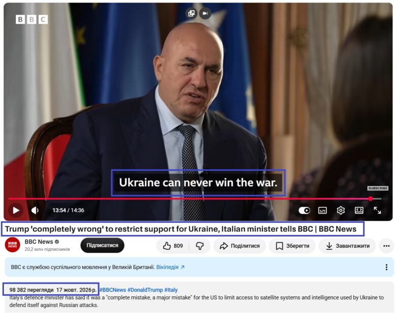 Скриншот з оригінальне відео інтерв’ю міністра оборони Італії для ВВС за 17 жовтня