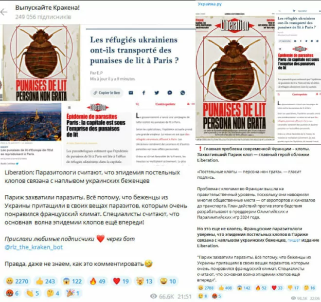 зображення до посту: Фейк. Через українських біженців у Франції сталося нашестя клопів