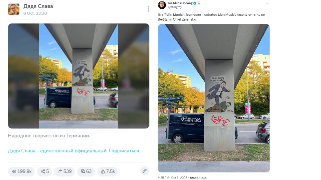 зображення до посту: Фейк. «Досить випрошувати гроші»: графіті з Ілоном Маском та Зеленським у Німеччині