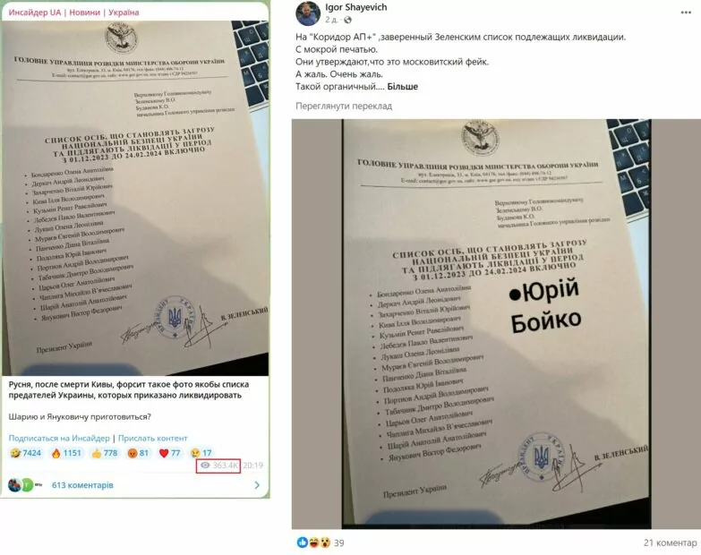 зображення до посту: Фейк. Список від ГУР МО України: особи, які підлягають ліквідації з 1 грудня 2023 по 24 лютого 2024 року