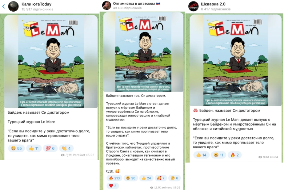 зображення до посту: Фейк. Нова обкладинка турецького видання LeMan присвячена двом лідерам країн Сі Цзіньпін та Байдену