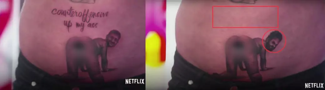 зображення до посту: Фейк. У телешоу на «Netflix» показали татуювання з Зеленським, що висміює український контрнаступ
