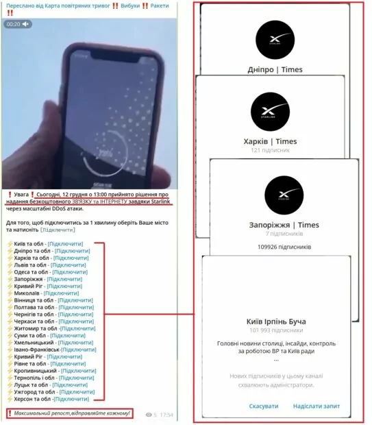 зображення до посту: Фейк. Безкоштовний Starlink та грошова компенсація у Telegram-каналах за відсутність мобільного зв’язку Київстар