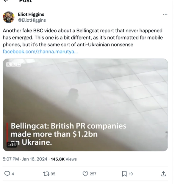 зображення до посту: Фейк. Bellingcat: Україна витратила 1,2 мільярда доларів на створення фейків про армію