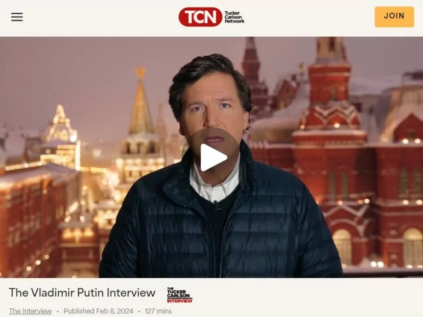 зображення до посту: Фейк. Під час трансляції інтерв’ю Путіна Такеру Карлсону у Франції майже у два рази впала швидкість інтернету