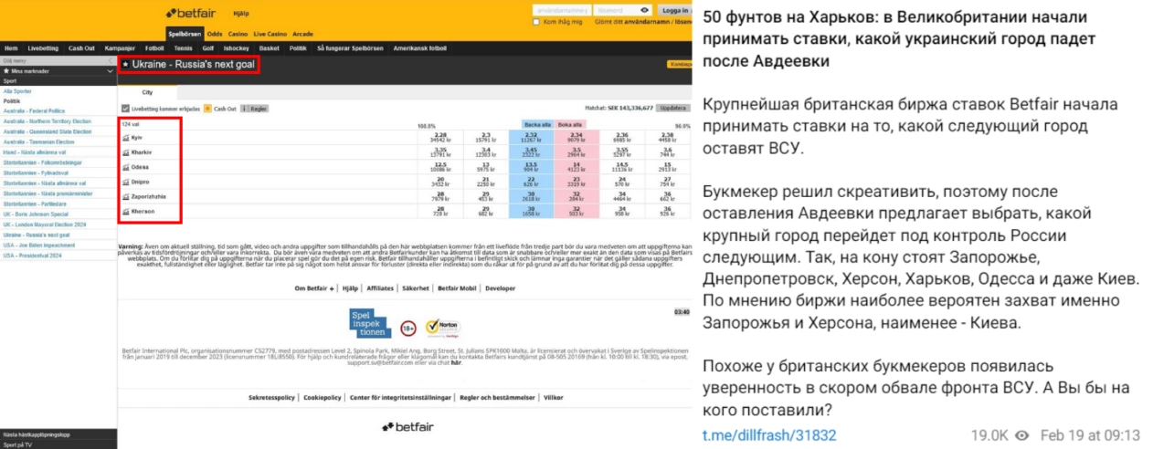зображення до посту: У Харкові армія РФ вбила понад 60 найманців з Франції, а британські букмекери приймають ставки на наступне захоплене Росією українське місто. Фейкотня 19.02 – 25.02