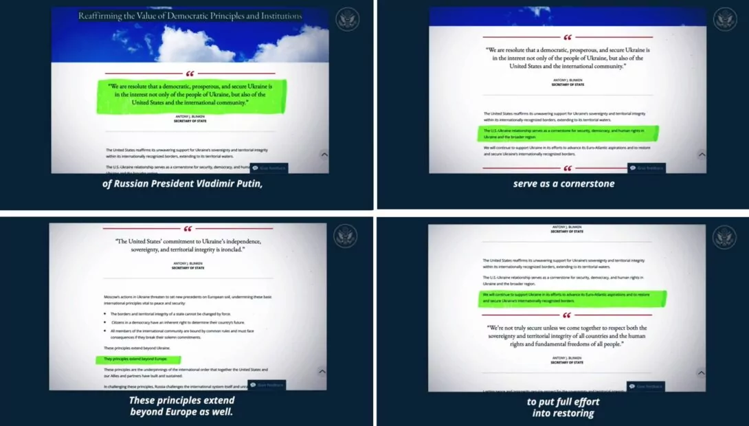 зображення до посту: Фейк. У Держдепі США в титрах до відео вказали Путіна Президентом України