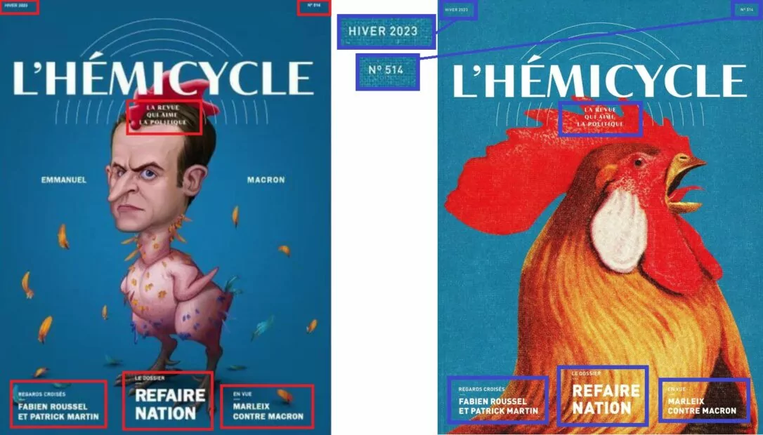 зображення до посту: Фейк. В ефірі каналу France 24 обговорювали обкладинку «L&#8217;Hémicycle» з Макроном в образі обскубаного півня