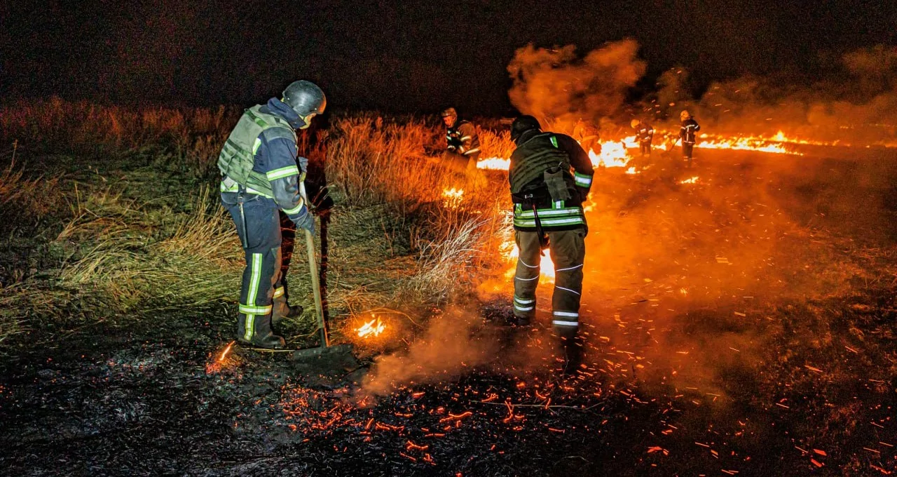 Пожежники ліквідовують наслідки займання сухої трави у передмісті Харкова.
