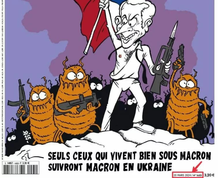 зображення до посту: Фейк. Обкладинка Charlie Hebdo: Макрон «веде в бій» озброєних клопів