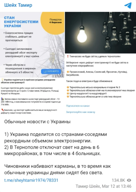 зображення до посту: Фейк. Україна збільшила експорт електроенергії, тим часом як в Тернополі люди «сидять без світла»