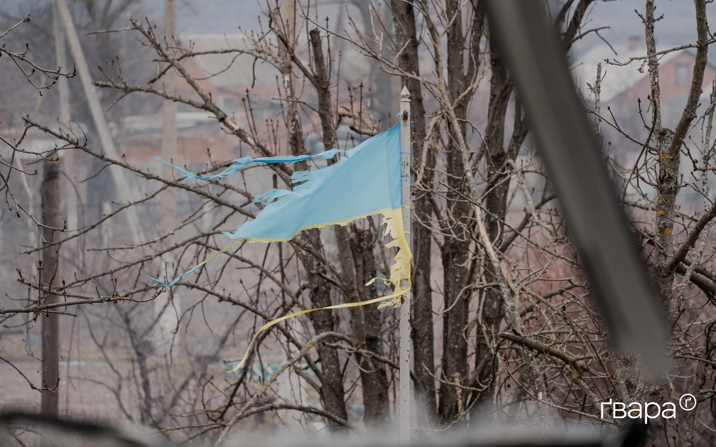 Понівечений прапор на флагштоці перед Залиманським ліцеєм.