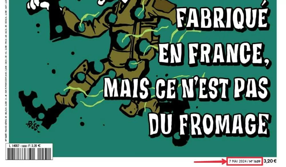 зображення до посту: Фейк. «Холодний, смердить, з дірками, зроблений у Франції, але не сир»: нова обкладинка Charlie Hebdo про французьких солдатів в Україні