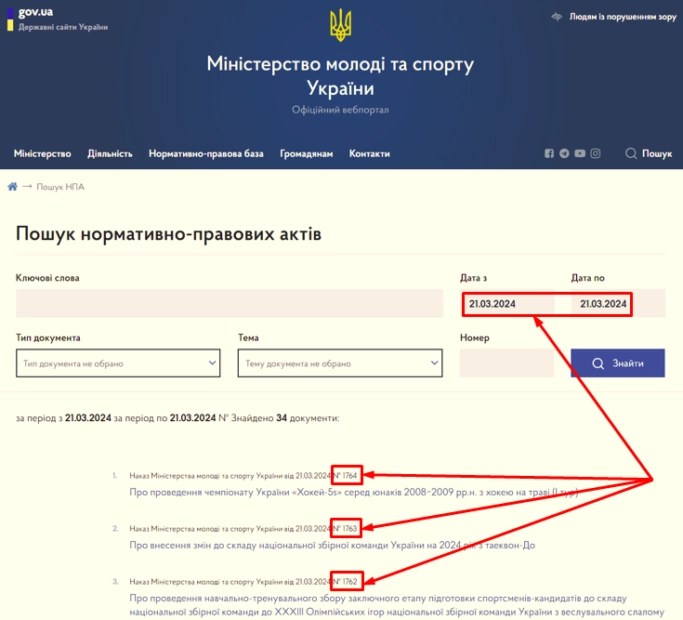Скриншот наказів Мінмолодьспорту за 21.03.2024