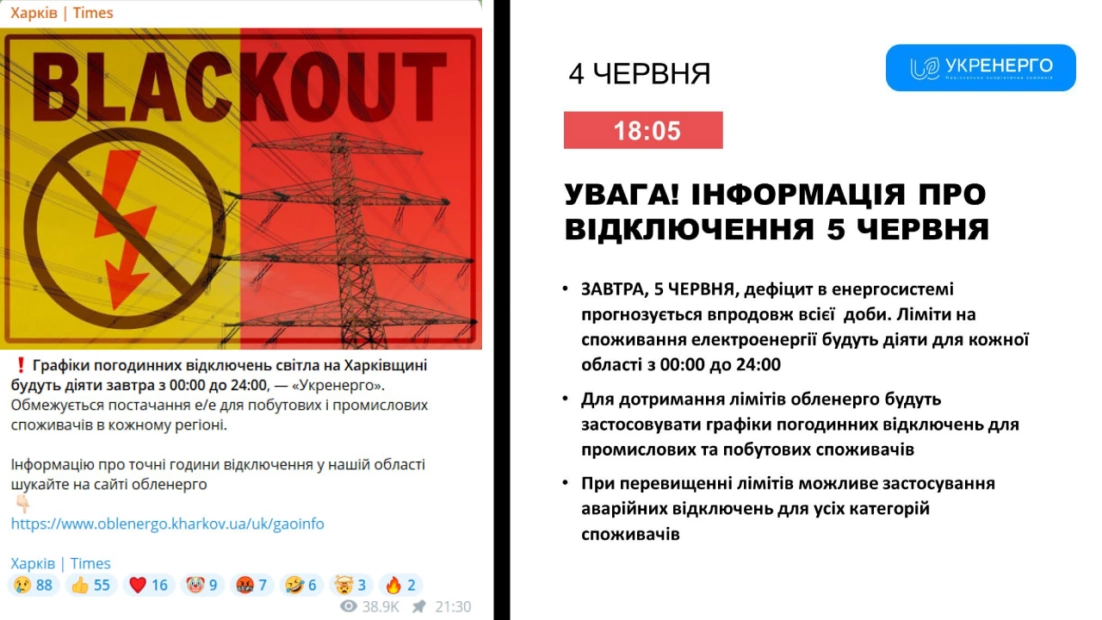 зображення до посту: Фейк. З п’ятого червня в Україні запроваджують відключення електрики тривалістю до 20 годин на добу