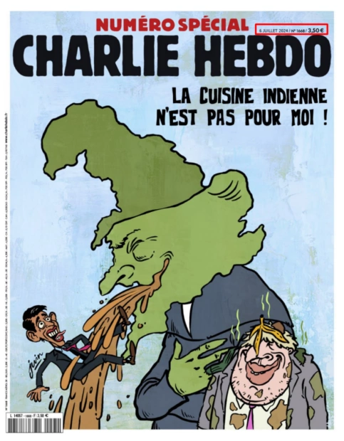 зображення до посту: Фейк. Французький журнал Charlie Hebdo у сатиричній формі попрощався з британським прем’єром Ріші Сунаком
