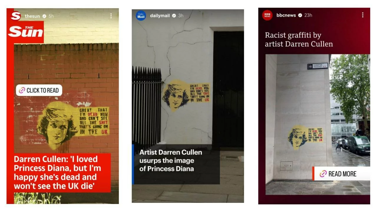 зображення до посту: Debunking Russian fakes. No, British artist didn’t create several graffiti with Princess Diana expressing “white England’s attitude” towards immigrants