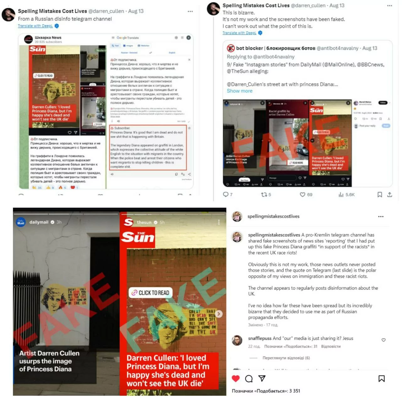 зображення до посту: Debunking Russian fakes. No, British artist didn’t create several graffiti with Princess Diana expressing “white England’s attitude” towards immigrants