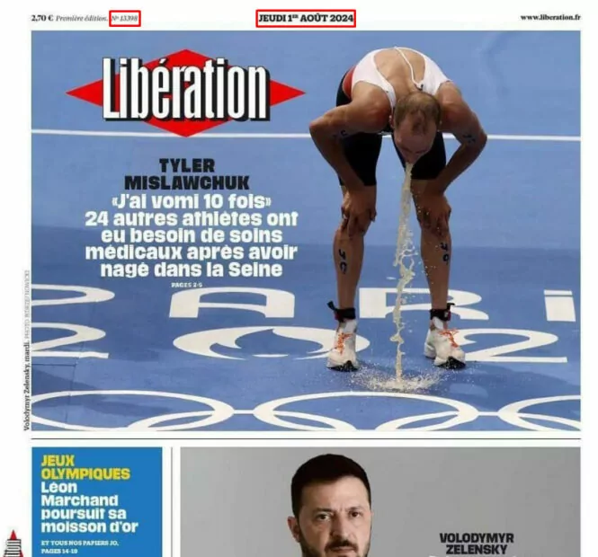 зображення до посту: Фейк. Французька газета Libération розмістила на передовиці Зеленського під спортсменом, якого нудить