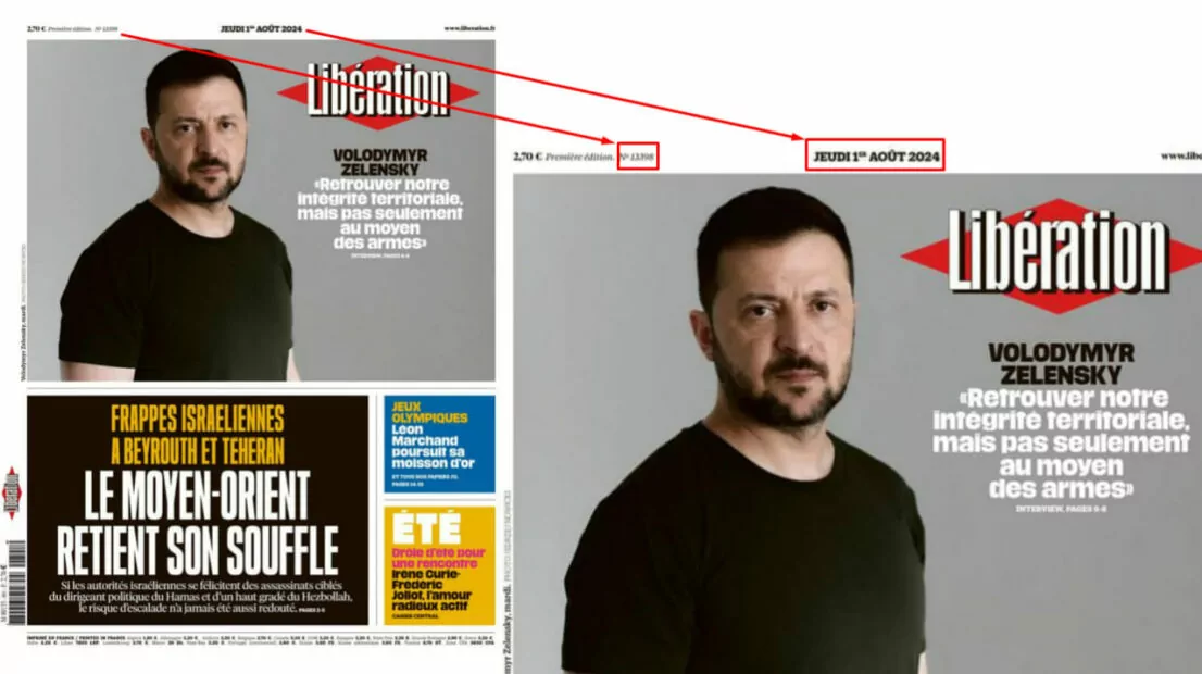 зображення до посту: Фейк. Французька газета Libération розмістила на передовиці Зеленського під спортсменом, якого нудить