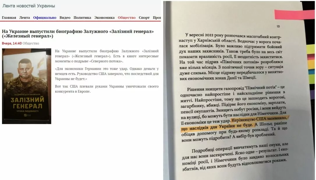 зображення до посту: Фейк. В біографічній книзі Залужного йдеться про операцію підриву «Північного потоку»