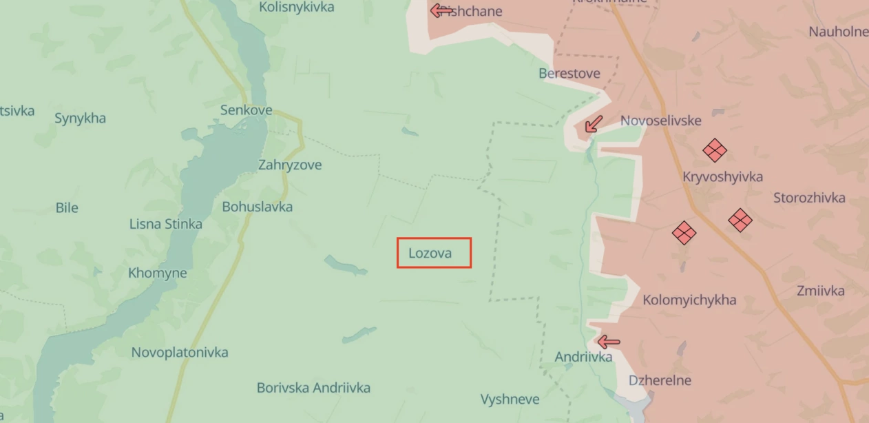 Russian assault on Lozova, August 15 / Source: DeepStateMap