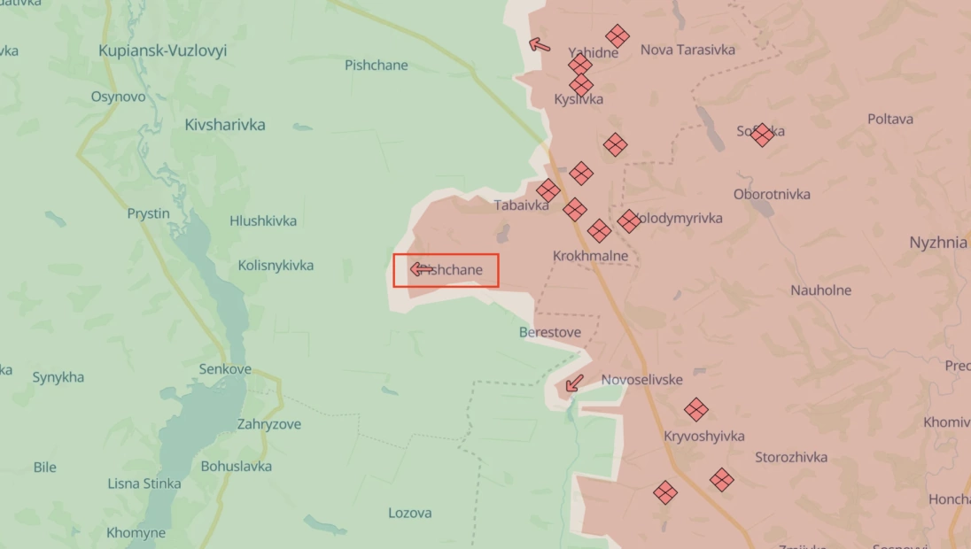 Russian assault near occupied Pishchane on Kupiansk axis. August 15 / Source: DeepStateMap