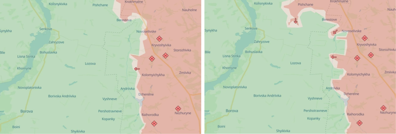 Battlefield around Pischane on Kupiansk axis on (left) July 1, 2024, and (right) September 4, 2024 / Source: DeepState Map