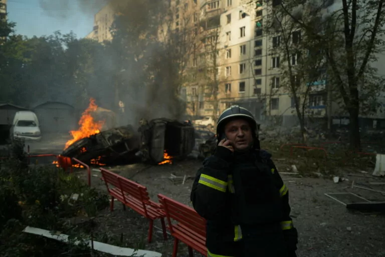 Russian drone debris damages multi-story building in Kharkiv