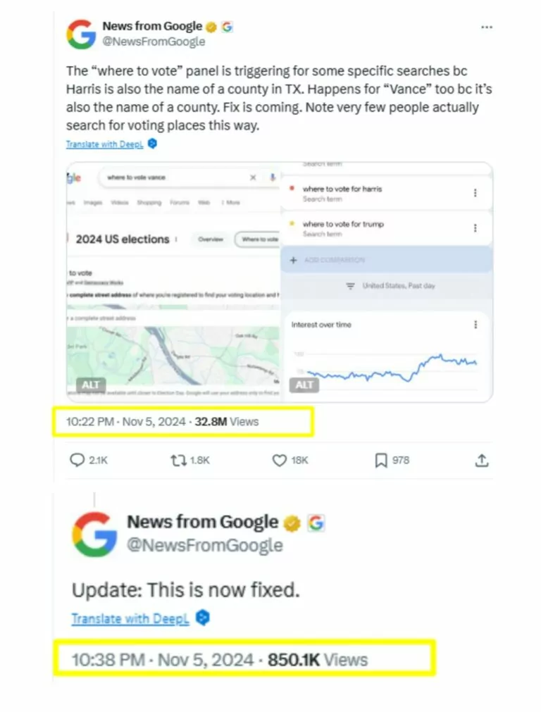 зображення до посту: Debunking manipulations. No, Google didn’t show only polling stations where votes could be cast for Kamala Harris 